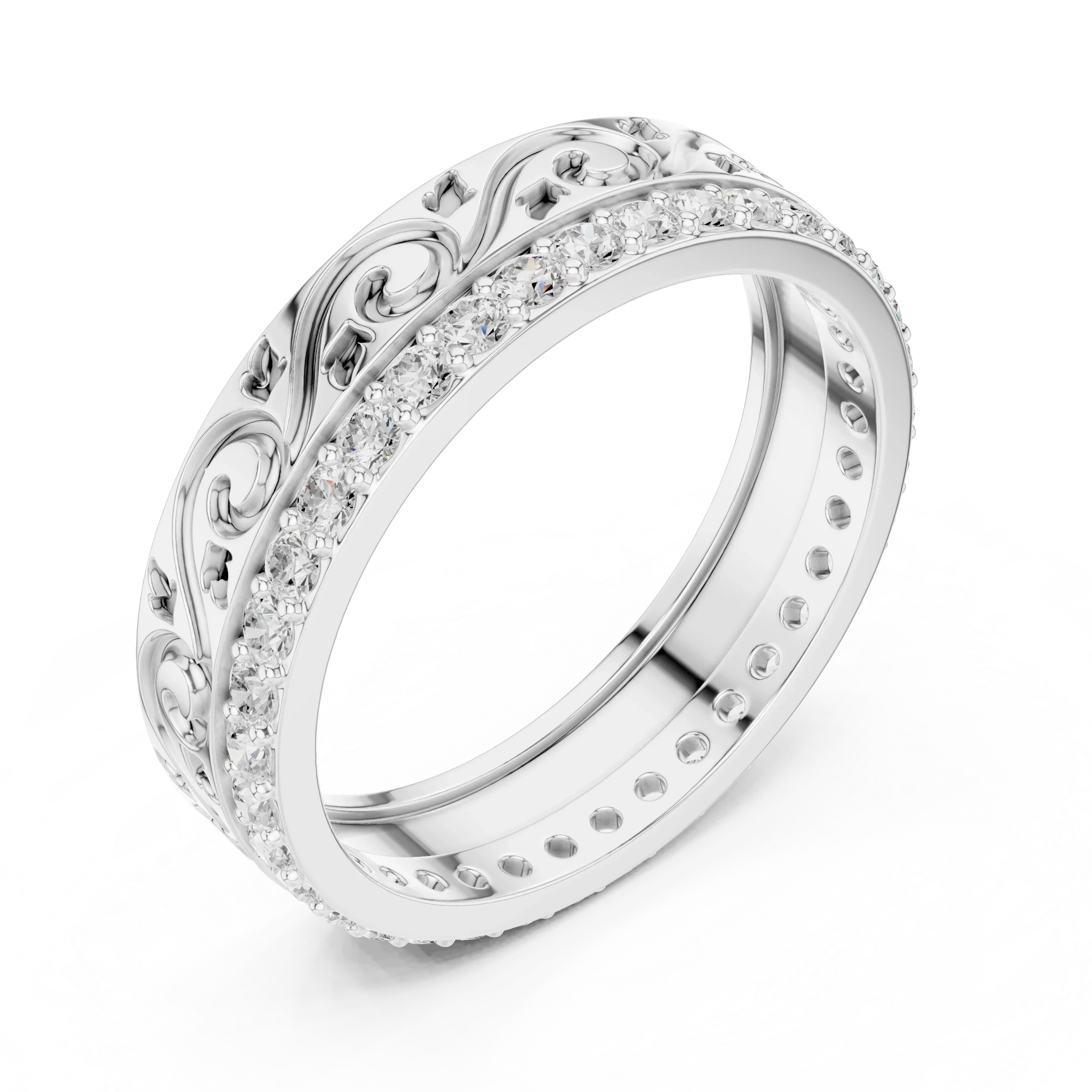 10K White Gold 0.55 CTW Vintage Filigree Round Lab Diamond Wedding Band