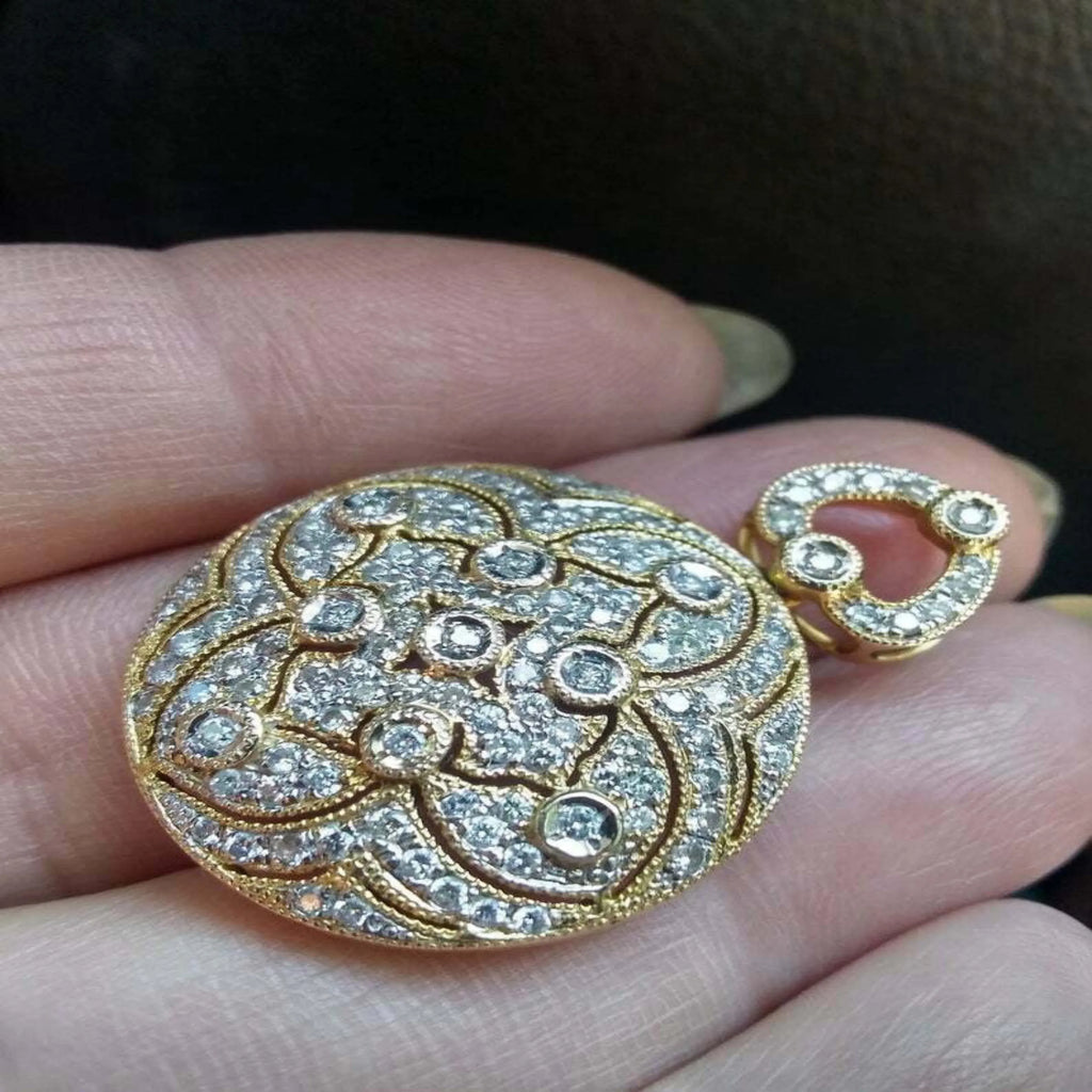 Vintage Round Diamond 14k solid gold Women's Necklace Pendant -1.19 CTW
