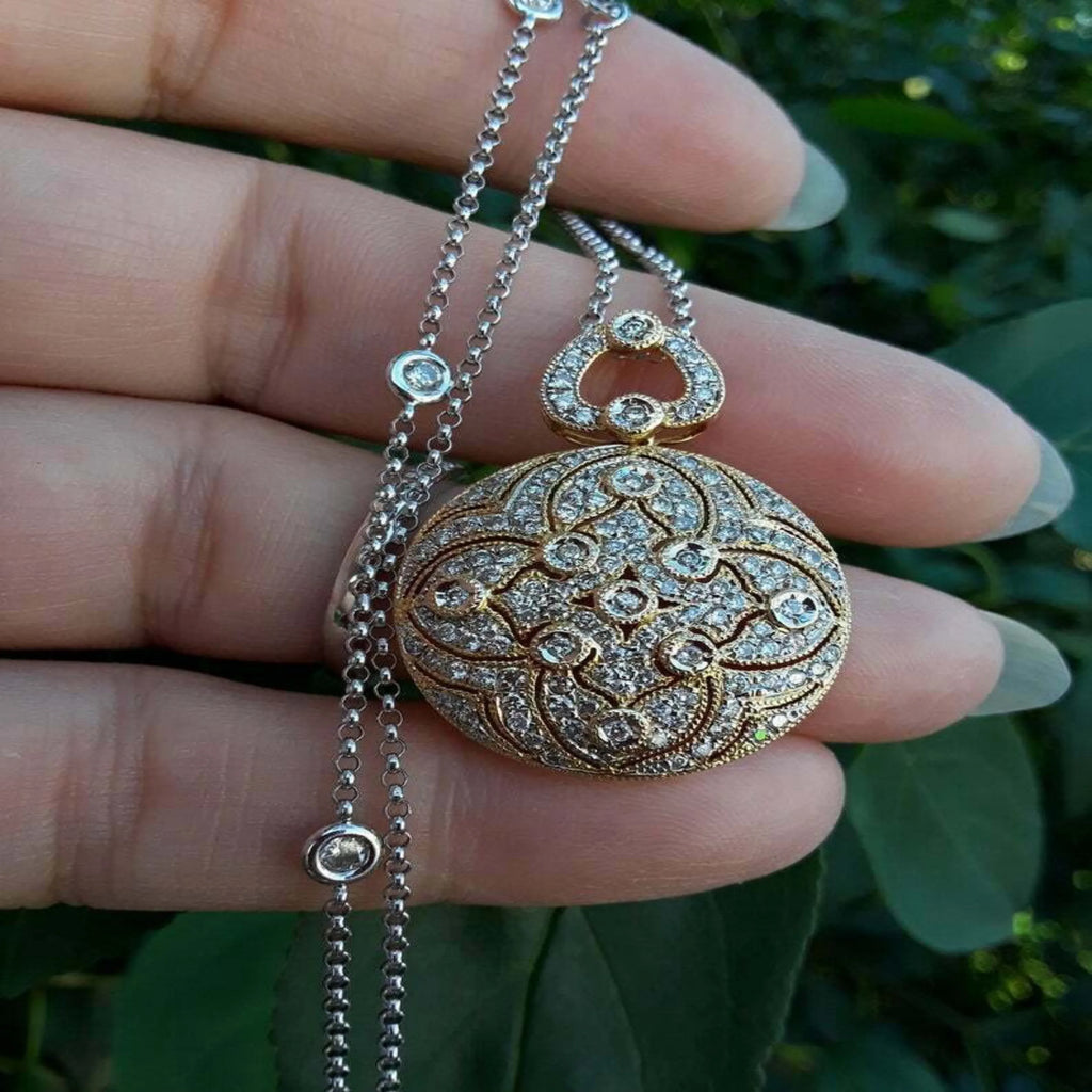 Vintage Round Diamond 14k solid gold Women's Necklace Pendant -1.19 CTW