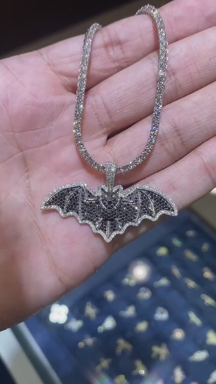 Fruit Bat Black & White Diamond Pendant 14K Solid Gold - 1.75 CTW