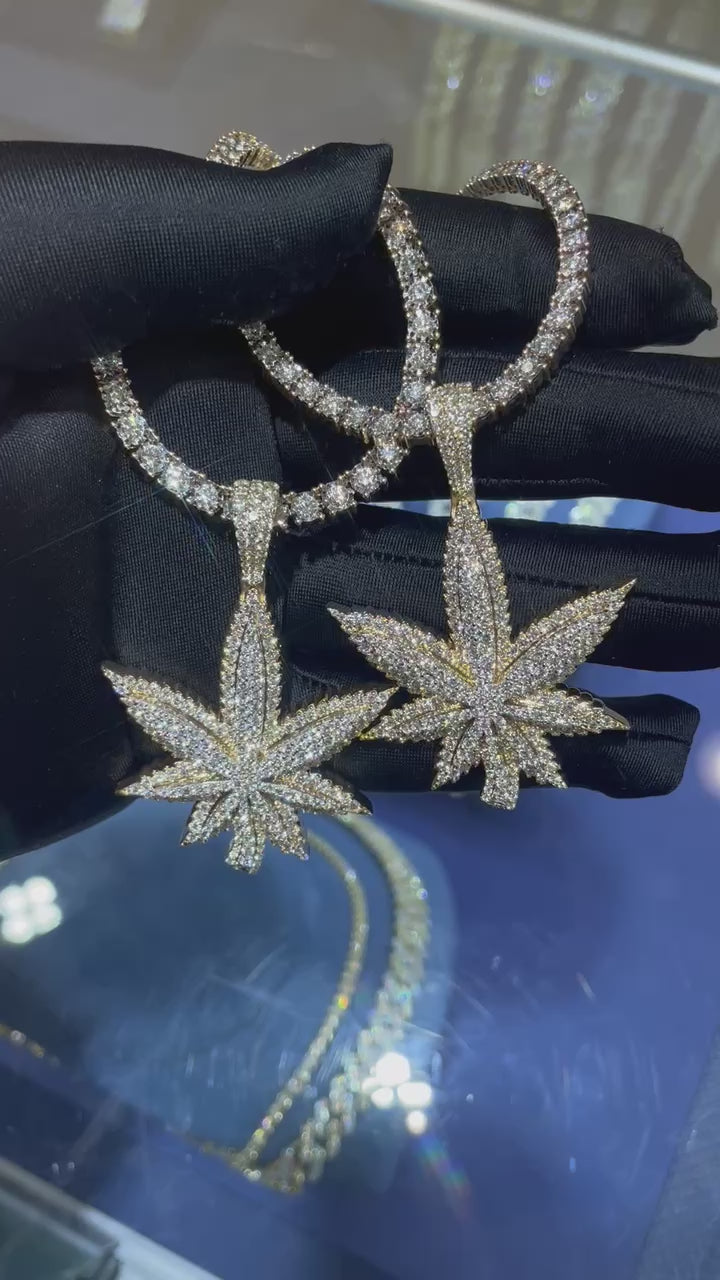 Cannabis Leaf Double Layer Diamond Pendant 14K Solid Gold - 9.00 CTW