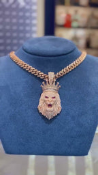 King Crown Lion Diamond Pendant 14K Solid Gold - 10.00 CTW