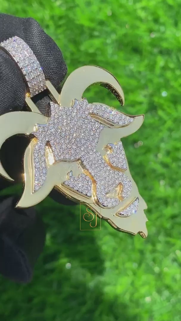 Goat Diamond Pendant 14K Gold Icy VVS Moissanite Charm -1.92 CTW