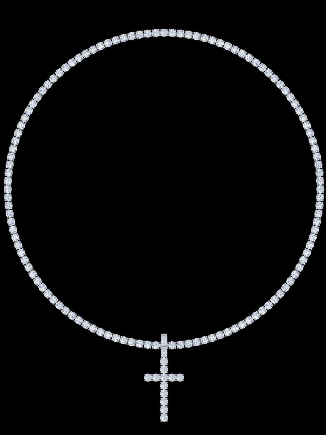 Silver Lab Grown Diamonds - 4 MM Tennis Chain With Cross Pendant.