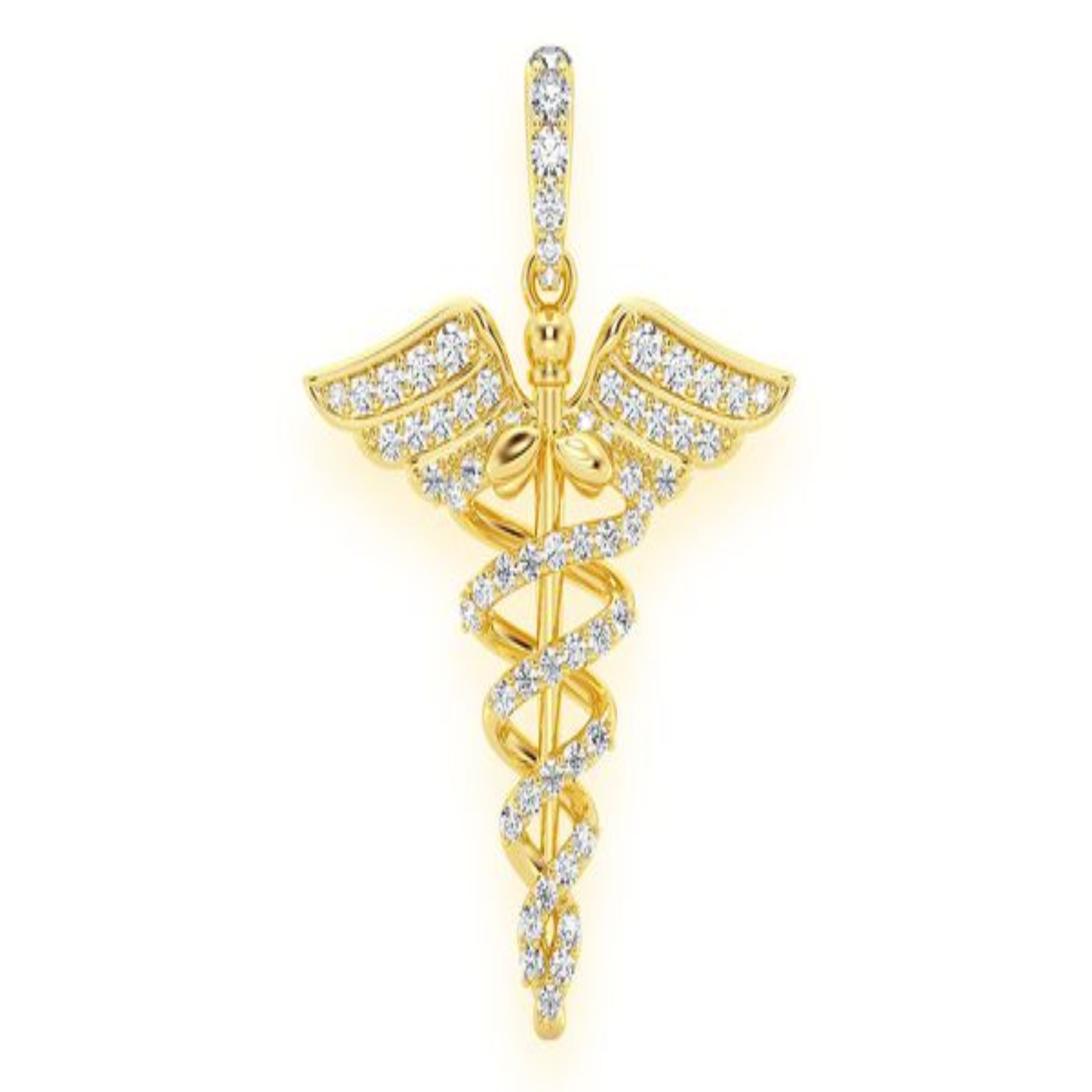 Caduceus Medical Diamond Pendant 14K Solid Gold - 0.65 CTW