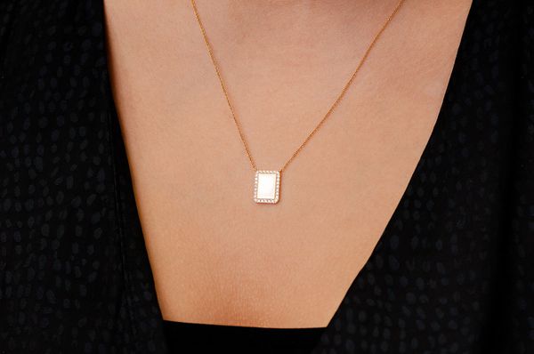 Engravable Rectangle 10K Solid Gold Pendant - 0.15 CTW