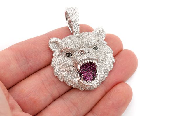 Grizzly Bear Diamond Pendant 14K Solid Gold - 10.00 CTW