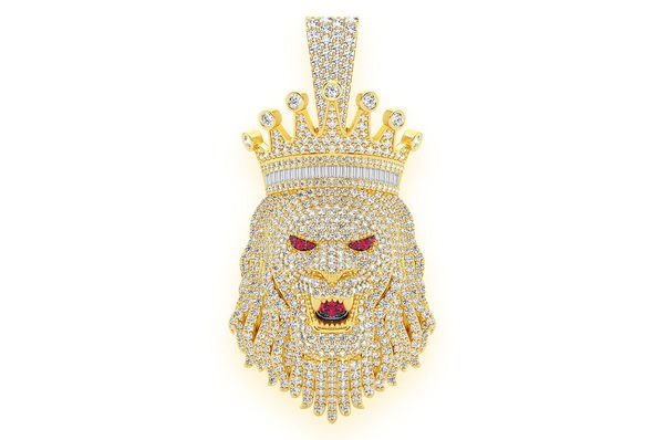 King Crown Lion Diamond Pendant 14K Solid Gold - 10.00 CTW