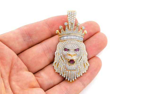 King Crown Lion Diamond Pendant 14K Solid Gold - 10.00 CTW
