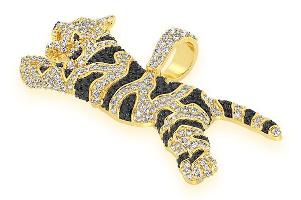Striped Tiger Black & White Diamond Pendant 14k Solid Gold - 3.50 CTW